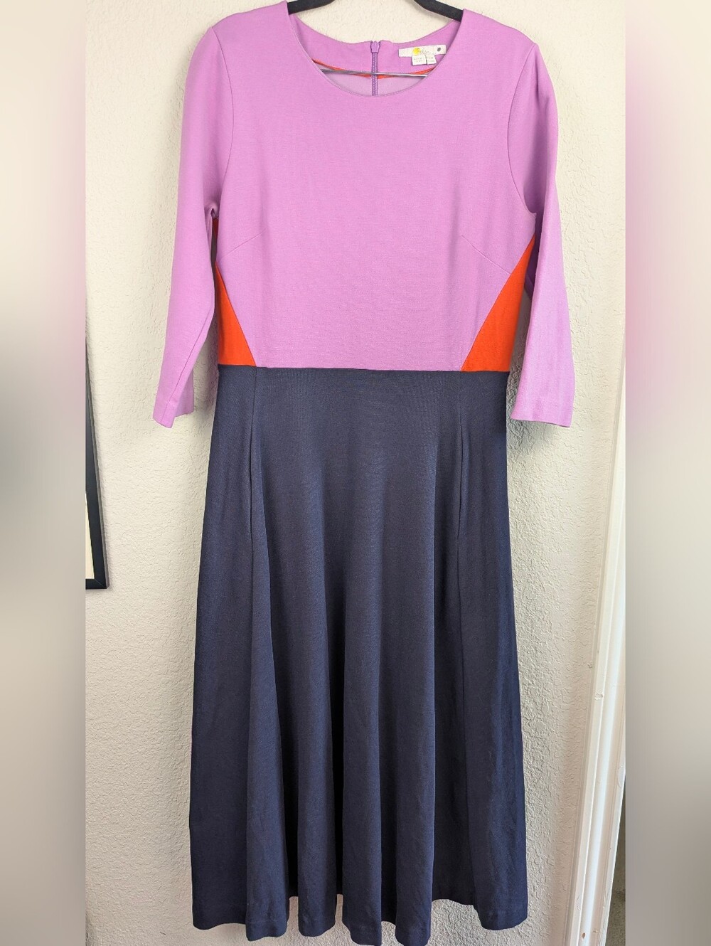 Boden Size 14L Midi Dress A-Line Navy Pink Orange 3/4 Sleeves Pockets Excellent